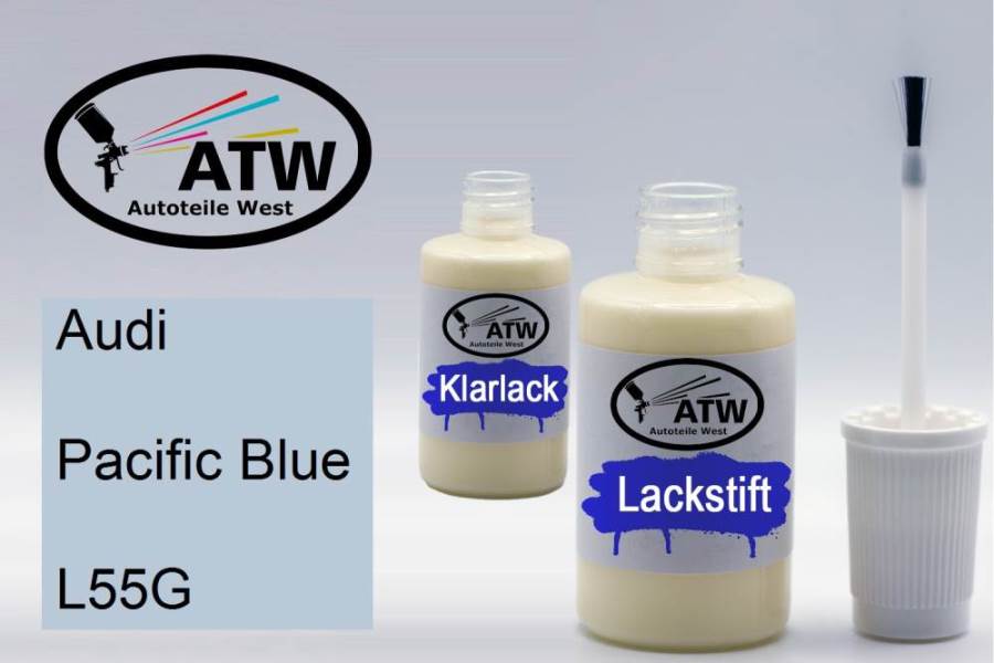 Audi, Pacific Blue, L55G: 20ml Lackstift + 20ml Klarlack - Set, von ATW Autoteile West.